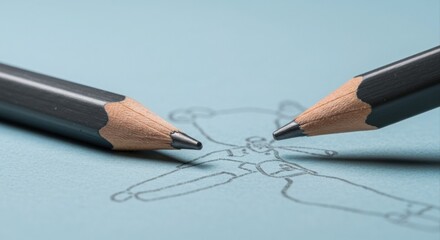 Pencils sketch a figure on light blue paper.