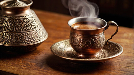 Turkish Coffee in a traditional copper cezve, Turkish coffee pot and cup on a table