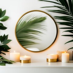 High-end spa retreat with a round brass mirror, botanical elements, and warm candlelight