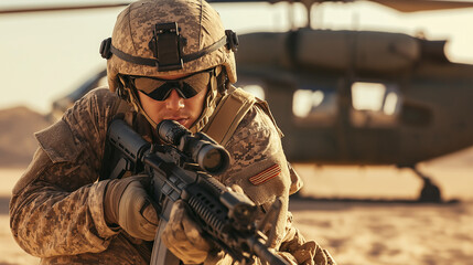 AI generator images of military soldier crouching behind a helicopter in the desert, holding a rifle, Soldiers boarding a military helicopter.