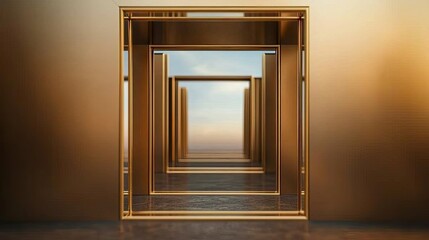Optical illusion mirror concept with brass framing and infinite reflections in a mirrored space
