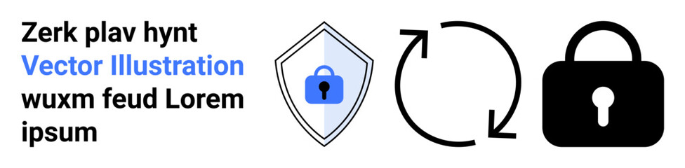 Shield with lock, solid lock icon, and refresh symbol emphasizing cybersecurity, protection, privacy, encryption, data safety, cloud security information access control. Ideal for IT firm flat
