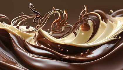 Whirls of chocolate and harmony dance in a captivating fusion of 3D art, depicting music notes intertwined with luscious textures. Generative AI