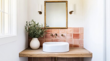 Fototapeta premium Mediterranean-style powder room featuring a rustic brass mirror, terra-cotta tiles, and natural wood