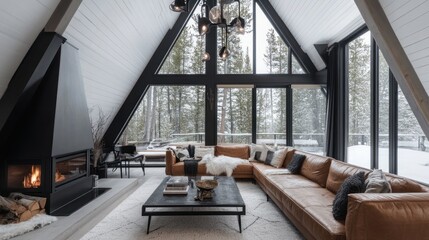 Obraz premium Modern cabin living room with snowy view