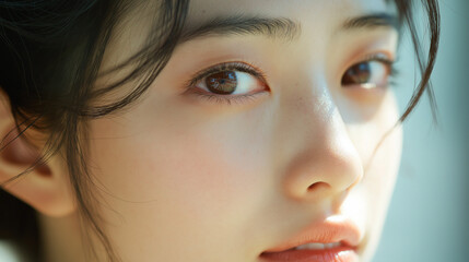 日本人女性の透き通った透明感のある目元と肌のクローズアップ