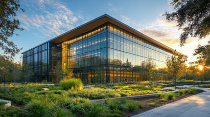 Obraz premium An outdoor view of a modern hospital, glass facade reflecting sunlight, surrounded by greenery