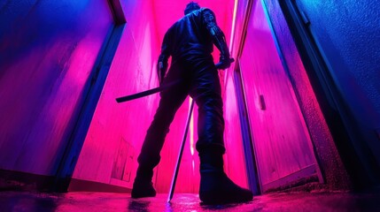 Mysterious figure stands ready in neon-lit alleyway at night with katana poised for action
