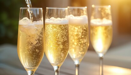 Champagne pours into glasses filled with sparkling wine. Bubbles rise, creating effervescence. Celebration, joy, elegance, toasting. Special occasion, party. Bubbly beverage.
