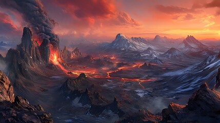 Fototapeta premium Volcanic eruption at dusk, fiery lava flowing through valleys and rocky mountains