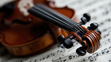 Fototapeta premium Close-up of violin on sheet music. Wooden instrument, classical music