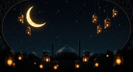 Ramadan night mosque scene with lanterns.