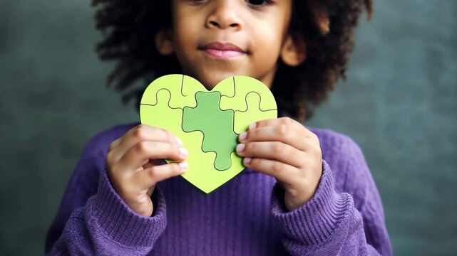 Young girl holding puzzle jigsaw, child mental health concept, world autism awareness day, autism spectrum disorder awareness concept