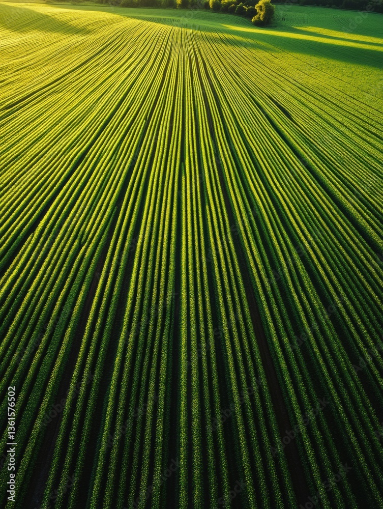 Poster Perfectly aligned green crop rows stretch into the distance under soft lighting in a natural landscape Generative AI