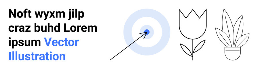Target bullseye with arrow in center, tulip drawing, and a potted plant illustration. Ideal for nature, success, precision, minimalism, botany, goal-setting flat landing page banner