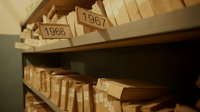 Archival storage room featuring shelved files labeled by historical years	