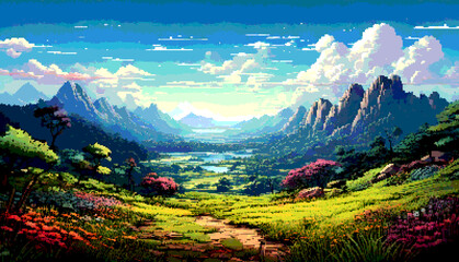 Pixel Art Dot Illustration of a Beautiful Natural Landscape