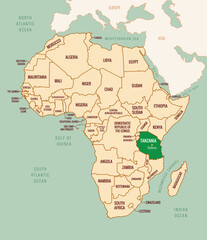 Obraz premium Editable Vector Map of Tanzania, Africa, with country border, country names, and capital city