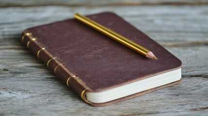 Elegant Premium Writing Notebook with Golden Pencil on Rustic Wooden Surface