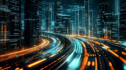 Naklejka premium Futuristic cityscape with glowing traffic trails and towering skyscrapers at night