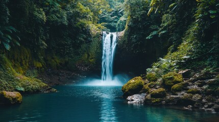 Naklejka premium Majestic waterfall cascades into serene pool surrounded by lush greenery in tropical forest