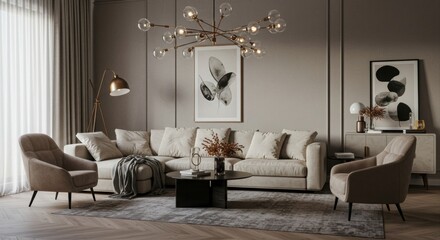 Modern living room with beige sectional sofa.