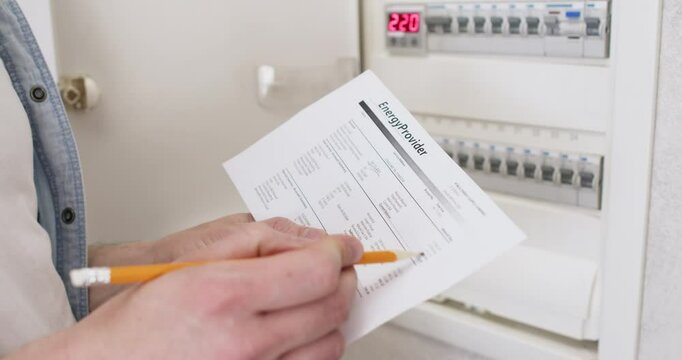 Man processes electricity bill standing in front of switch box. Owner highlights key points on provider papers to understand electrical system functioning
