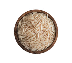 basmati rice in wooden bowl on white background