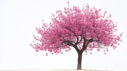 Obraz premium Vibrant Pink Blossoms on a Solitary Tree Against a Bright White Sky
