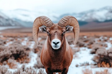 Naklejka premium Majestic bighorn sheep standing in winter landscape with mountains in the background
