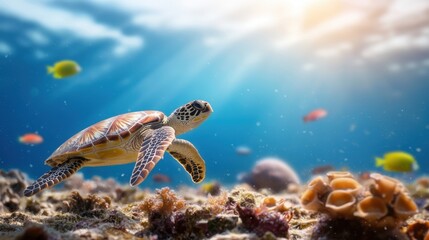Obraz premium Majestic sea turtle gracefully swimming through crystal clear ocean waters surrounded by vibrant marine life and coral reefs