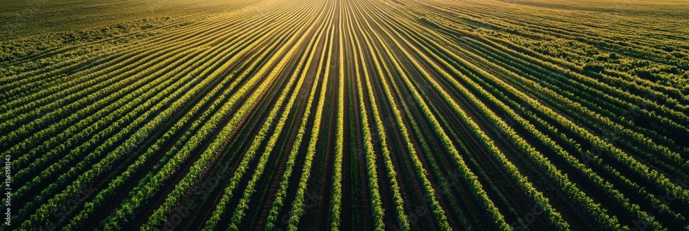 Poster Endless green crop rows extend into the horizon under soft lighting creating a harmonious landscape Generative AI