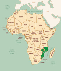 Obraz premium Editable Vector Map of Mozambique, Africa, with country border, country names, and capital city