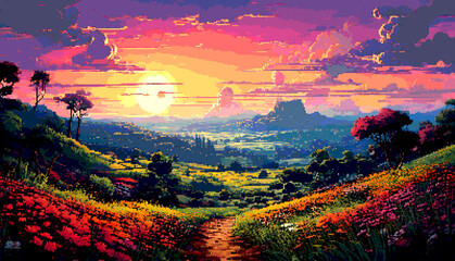 Pixel Art Dot Illustration of a Beautiful Natural Landscape