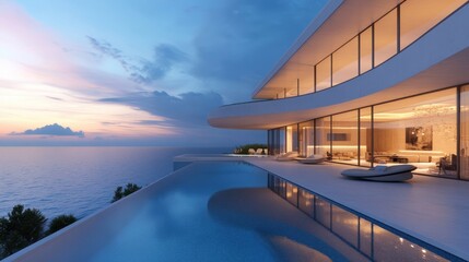 Fototapeta premium Modern villa with infinity pool overlooking the ocean at sunset near coastal cliffs