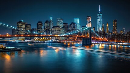 Fototapeta premium New York City Skyline at Night, illuminated buildings, bridge, and river. Possible use Stock photo for travel, tourism, city, or business