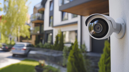 AI generator image of CCTV cameras in buildings, condominiums and modern homes equipped with high-definition security cameras, showing both exterior and interior views. scene includes remote monitor