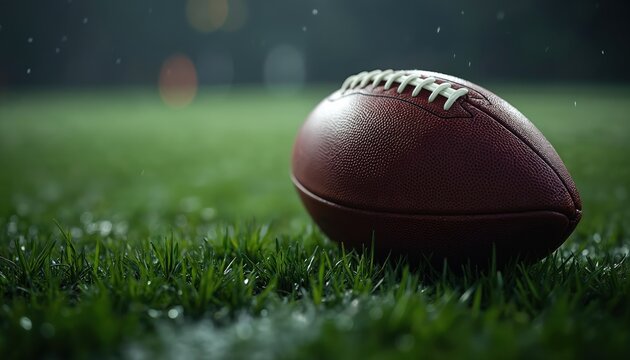 Close-up of american football on green grass field in night. Leather ball with laces lies on turf. Concept of sport game, autumn season. Football season start, professional sport competition.