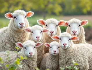 Obraz premium Cute fluffy sheep standing closely in a countryside setting with lush green background. Their soft white wool contrasts with the natural rural environment. Ai generative