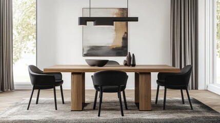 Modern Dining Room with Wooden Table and Black Chairs