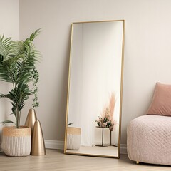 Elegant dressing room featuring a full-length brass mirror, soft plush decor, and gold accents