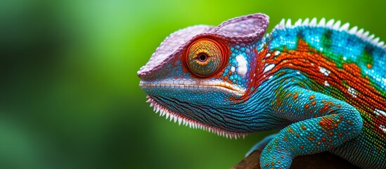 Naklejka premium Detailed Close-Up of a Colorful Chameleon's Intricate Skin Patterns on a Soft Blurred Green Background
