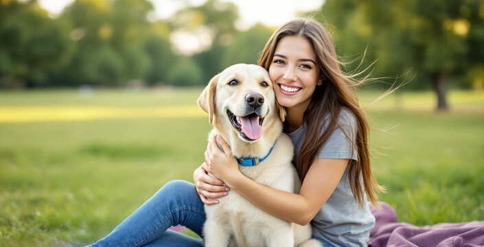 Happy young woman sitting on grass embracing her golden retriever, both smiling. Natural background with green trees. Concept of friendship and pets. Ai generative