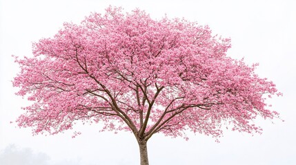 Beautiful blooming pink tabebuia rosea tree against a white background