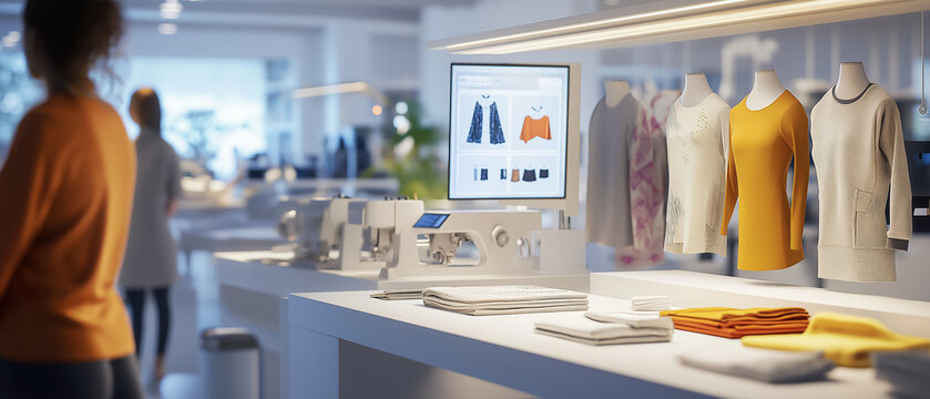 AI generator images of modern textile production scene showcasing sustainable fashion and personalized clothing. The image should include a bright and clean factory with automated sewing machines,