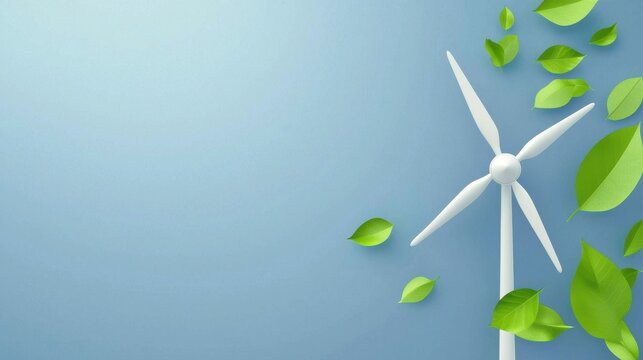 A wind turbine surrounded by green leaves illustrating the harmony between renewable energy and natural environment