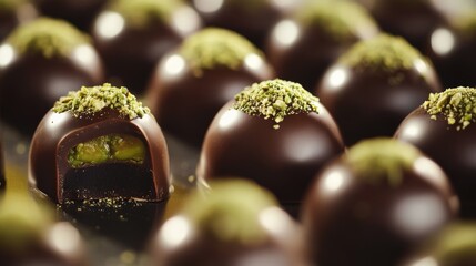 Gourmet close-up view of decadent chocolate dessert with smooth pistachio filling