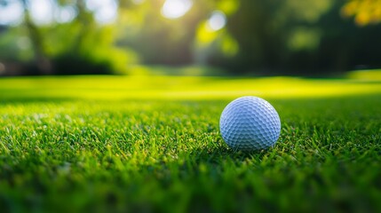 Obraz premium Golf ball resting on freshly cut green grass under natural outdoor sunlight at a sports fairway