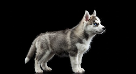 Fototapeta premium 黒背景、愛らしいハスキーの子犬、澄んだ青い瞳が輝く