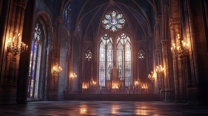 Grand interior of a historic cathedral with stained glass and candlelight illuminating the space